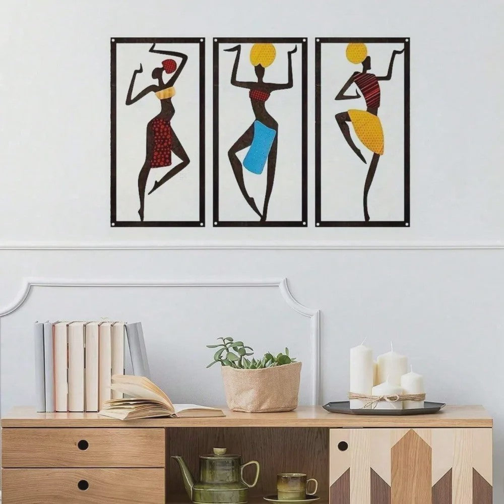 Set van 3 Wanddecoratie Afrikaanse Danseressen - Boho Fiber Art