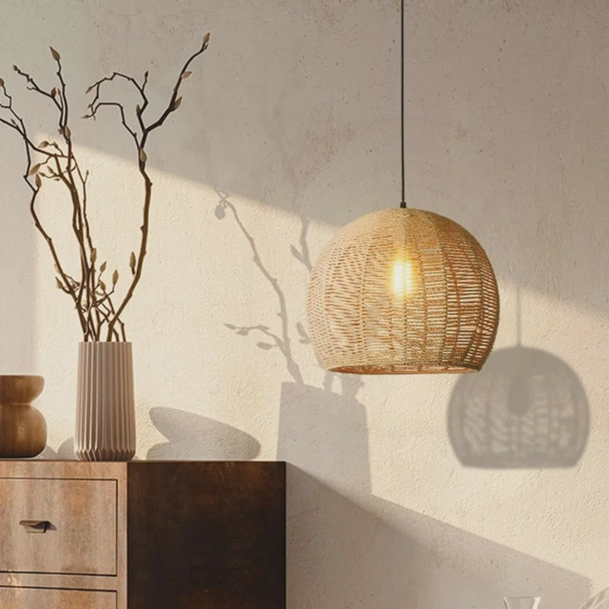 Handgeweven Rotan Hanglamp - Boho Stijl Papier Touw Plafondlamp voor Woonkamer & Slaapkamer