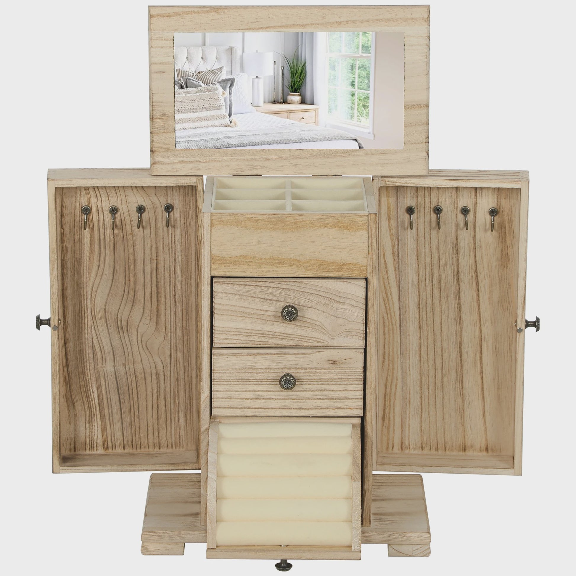 Houten Sieradenkast met Spiegel, Lades en Armbandrol - Organiseer je Accessoires