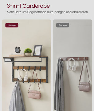 VASAGLE Wandkapstok met Plank en 10 Verstelbare Haken - Industrieel Design