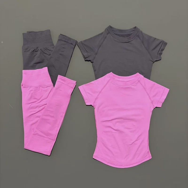 Naadloze Yoga Set Dames: Short Sleeve Top & Hoge Taille Legging - Sneldrogend Sportkleding Pak