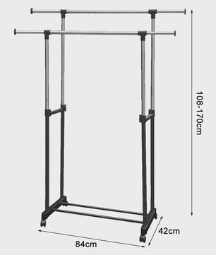 Verstelbare Kledingrek met 2 Hangen Rails en Wielen - 84-150 cm Breed