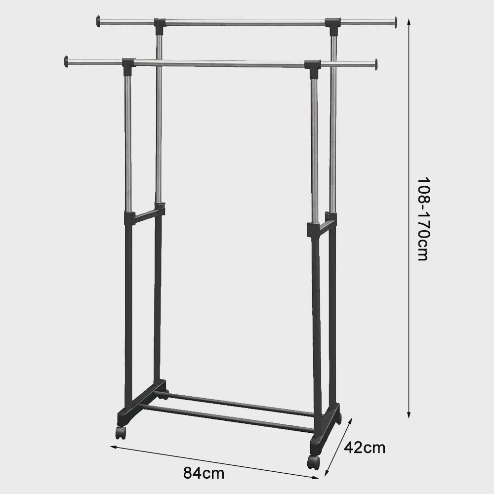 Verstelbare Kledingrek met 2 Hangen Rails en Wielen - 84-150 cm Breed