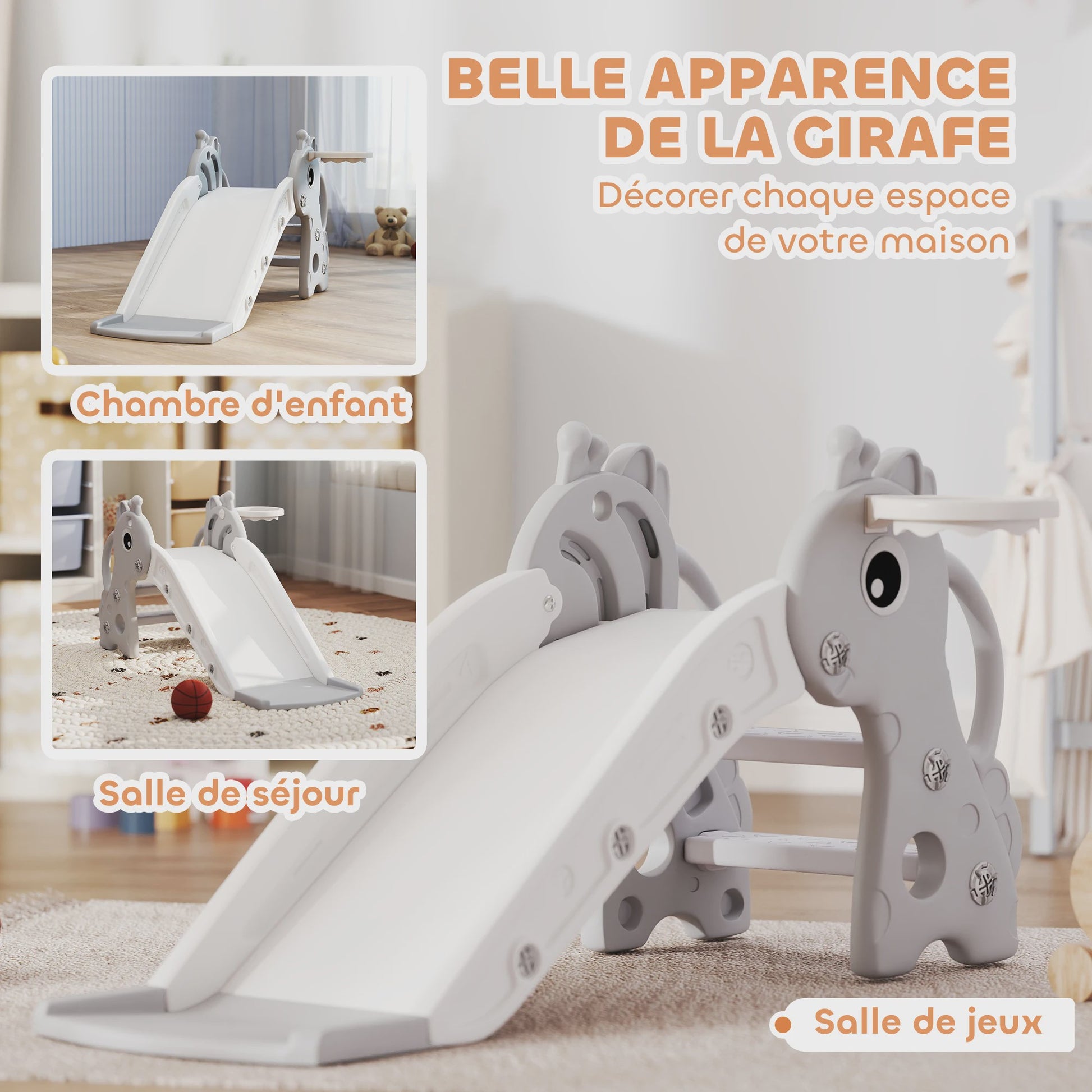 AIYAPLAY Giraffe Kinder Glijbaan met Basketbalring en Klimmuur - Indoor Speelplezier