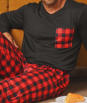 Heren Pyjama Set: Comfortabele Lange Mouwen & Ruitjes Broek voor Herfst/Winter