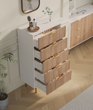 Superaly Ladekast 5 Lades - Natuurlijk Hout & Wit - Stijlvolle Opbergkast
