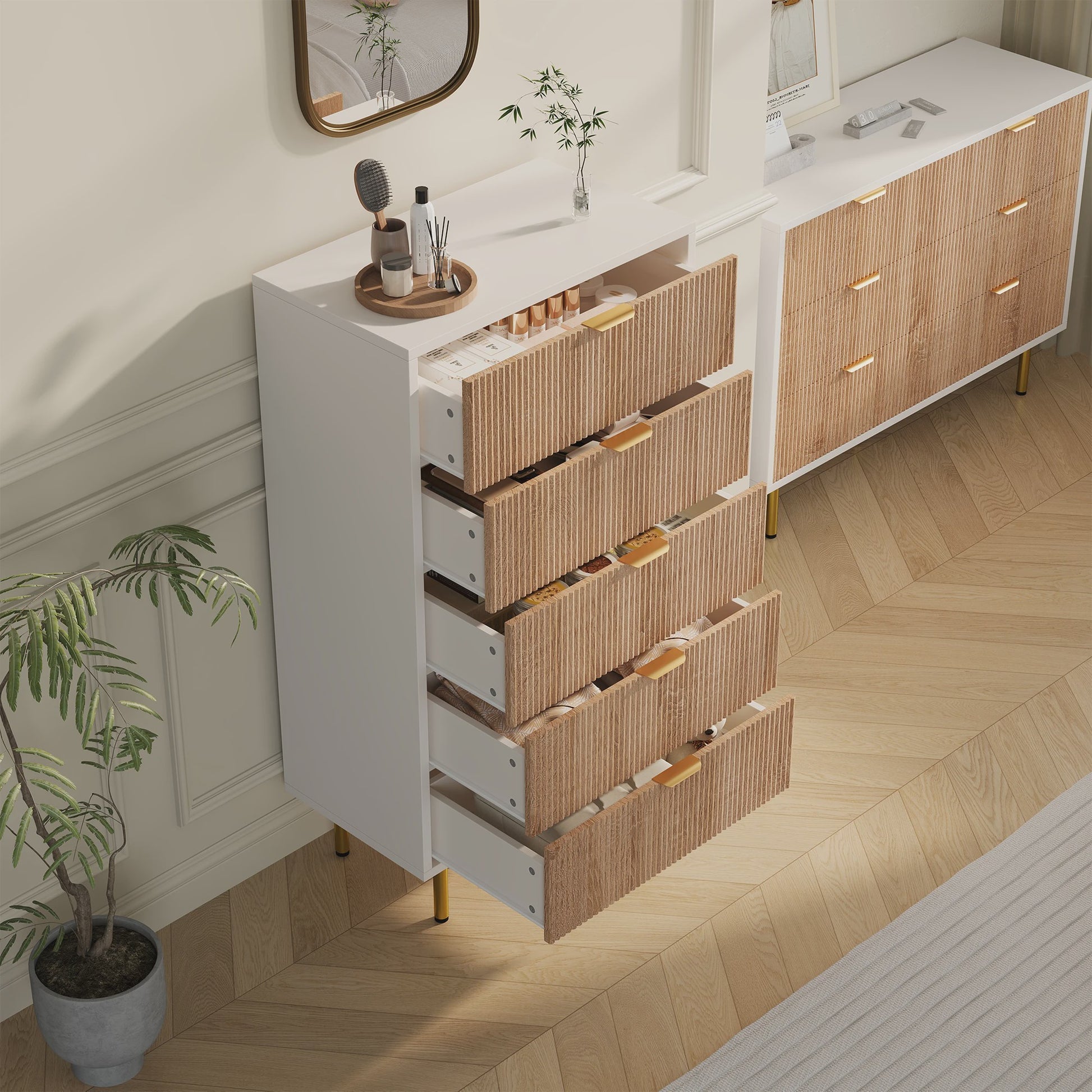 Superaly Ladekast 5 Lades - Natuurlijk Hout & Wit - Stijlvolle Opbergkast