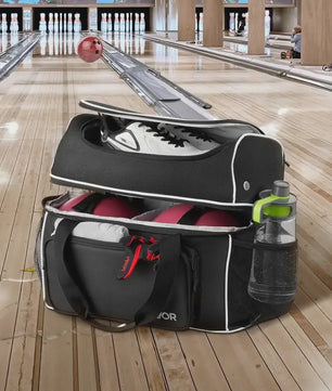 Bowlingtas met Wielen voor 2 Ballen, Schoenenvak, Extra Vak en Uitschuifbare Handgreep - Zwart/Wit