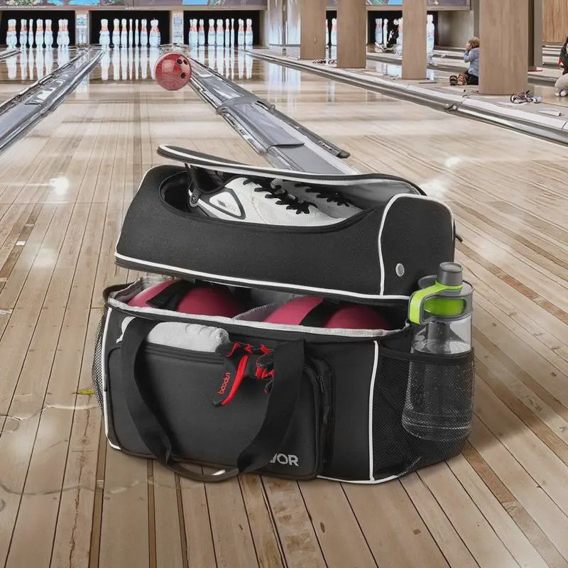 Bowlingtas met Wielen voor 2 Ballen, Schoenenvak, Extra Vak en Uitschuifbare Handgreep - Zwart/Wit