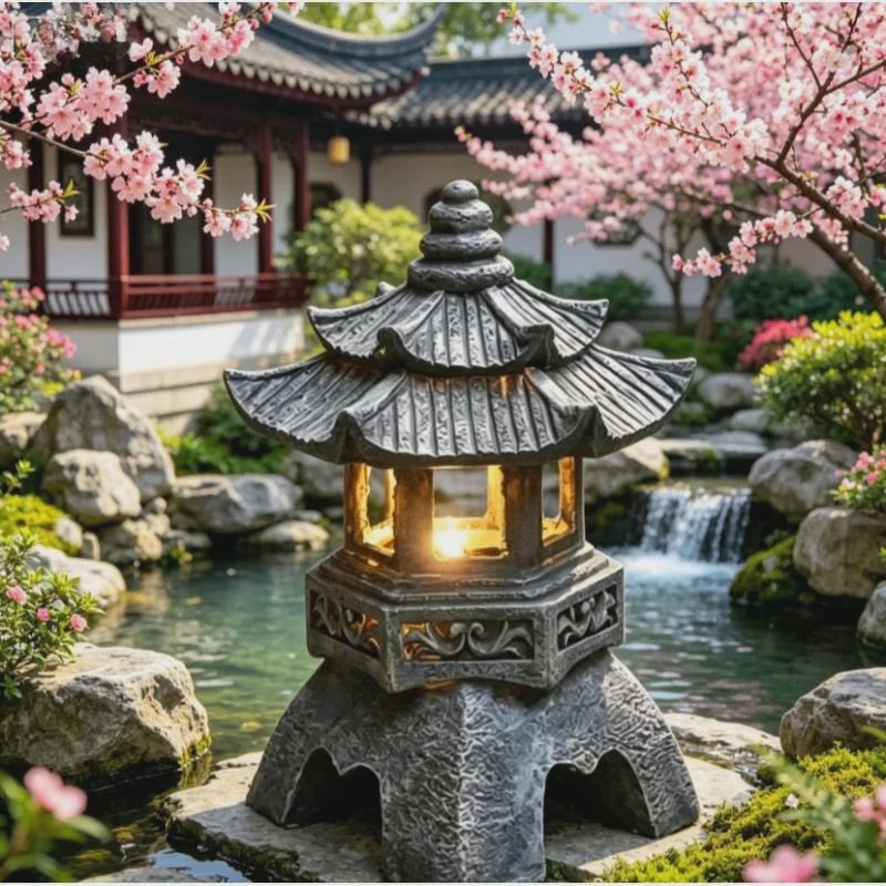 Chinese Pagode Solar Tuinlamp - Zen Stijl Steen Lantaarn voor Buiten