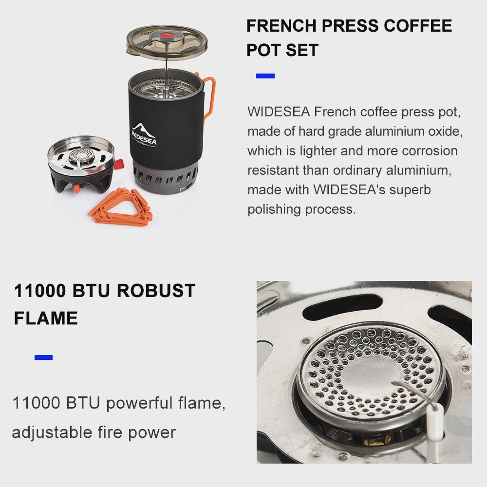 Widesea Draagbare Camping Koffiezetter Set met French Press & Gasbrander 0.9L