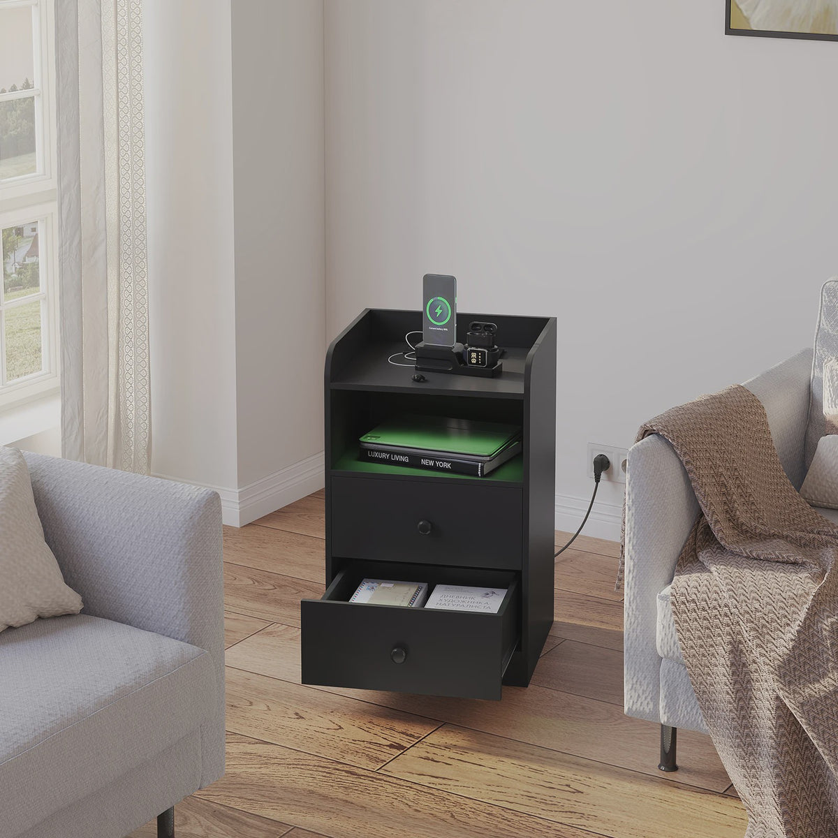 Nachtkastje met Laadstation, USB Poorten en LED Verlichting - Modern Slaapkamer Meubel