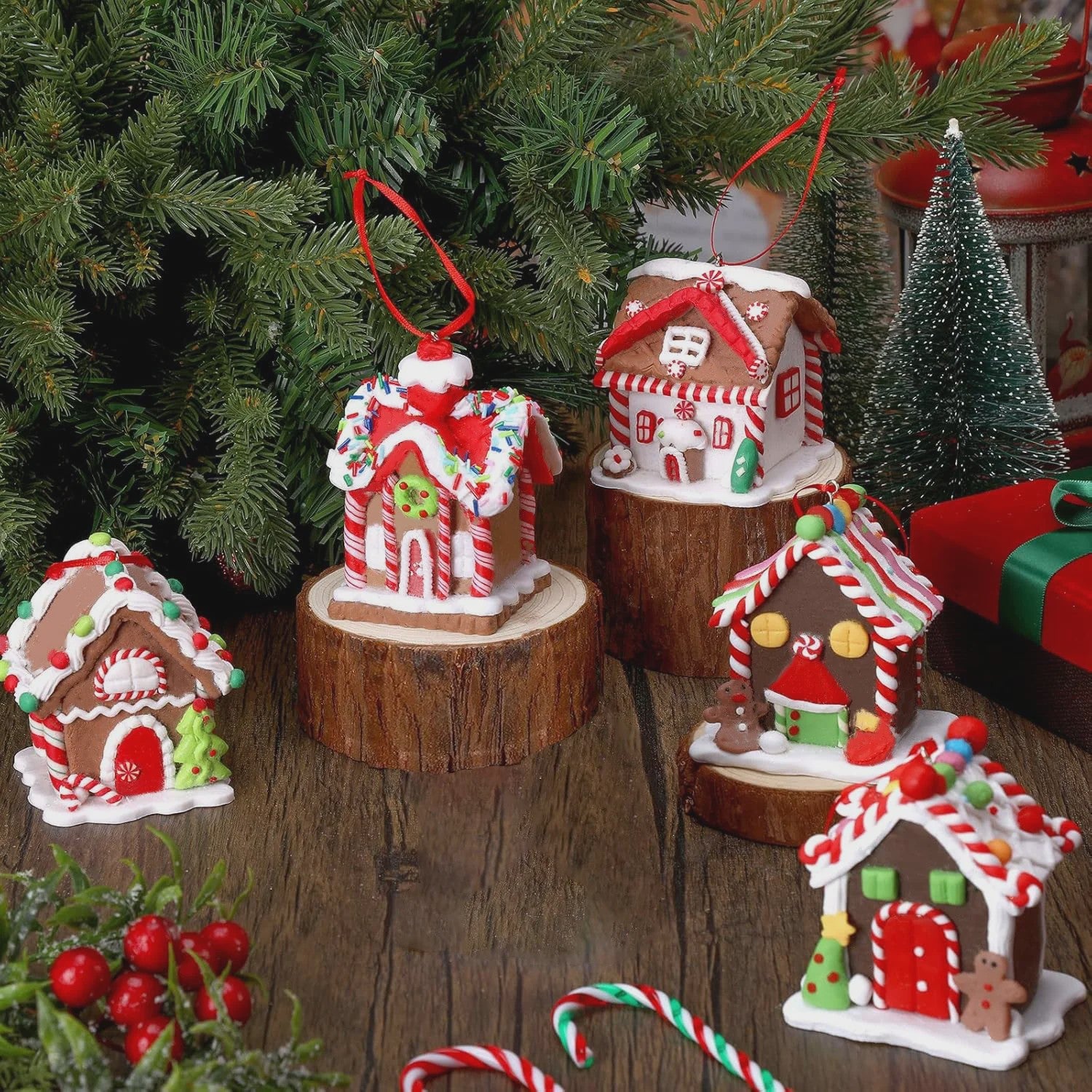 Set van 5 Kerstversiering Gingerbread Huizen - Decoratieve Kerstboom Hangers