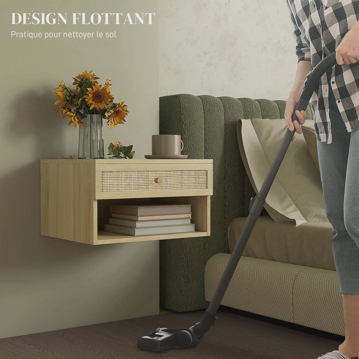 Set van 2 Nachtkastjes Zwevend Hout met Rotan Front en Lade