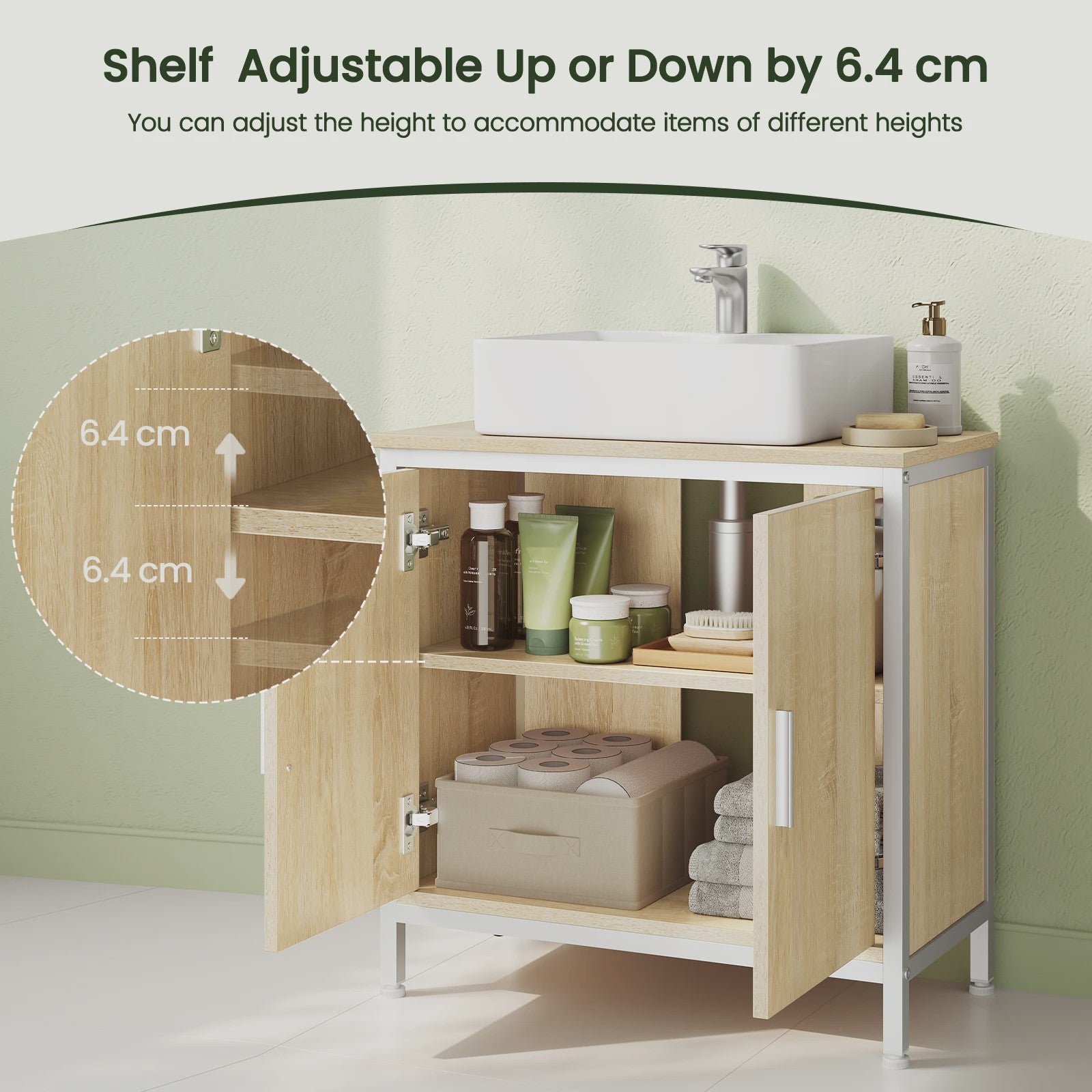Badkamermeubel Onderbouw Wastafelkast 60x60x30cm - Houtkleurig met Metalen Frame