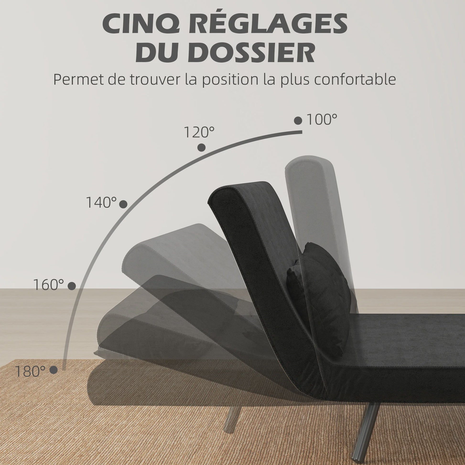 Zwarte 4-in-1 Sofa Bed met Verstelbare Rugleuning en 2 Kussens - Compact en Multifunctioneel