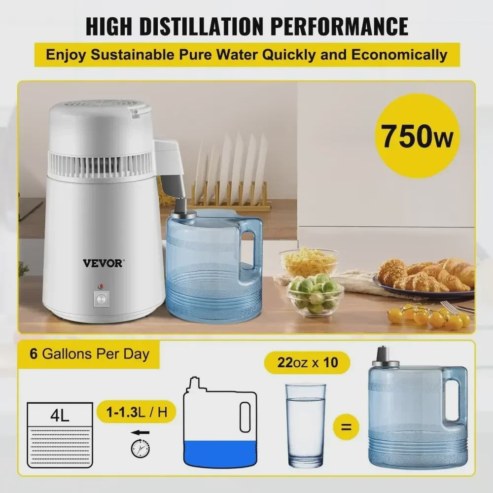 VEVOR Water Distilleerder 4L - Zuiver Drinkwater met Roestvrij Staal