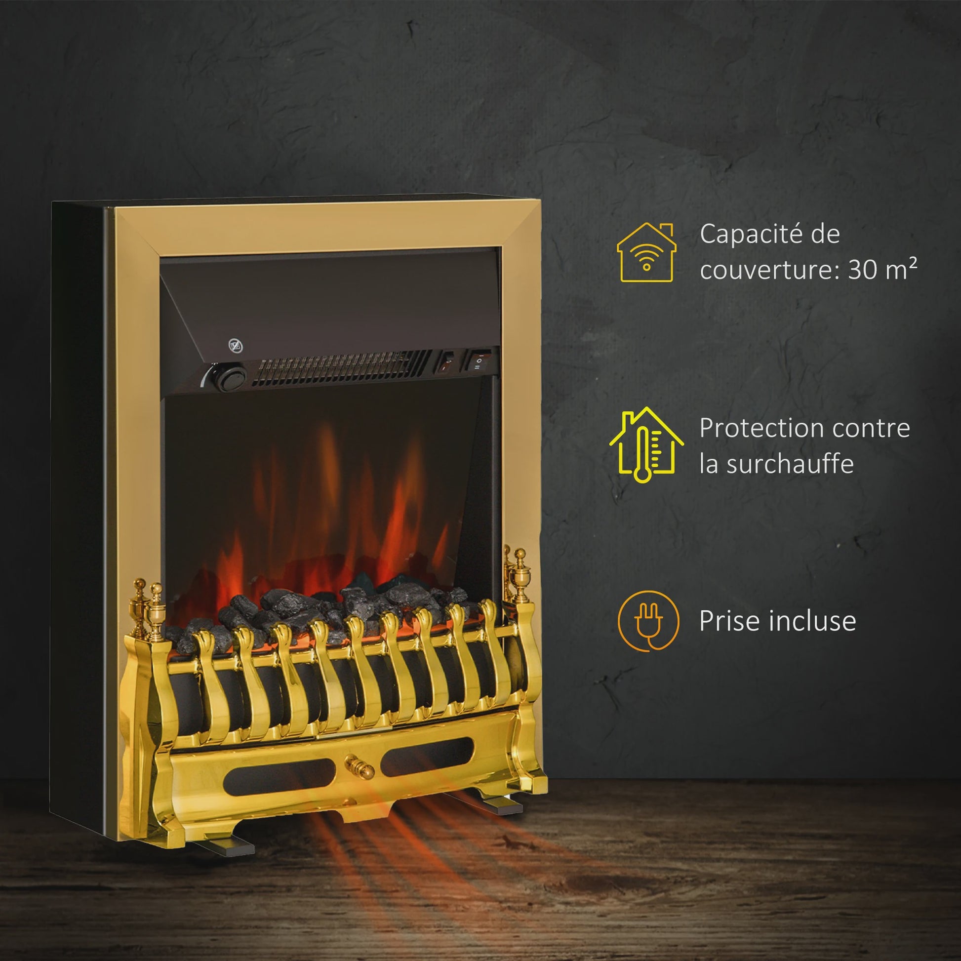 HOMCOM Elektrische Sfeerhaard Neo-Retro Stijl met Vlam Effect - Zwart/Goud