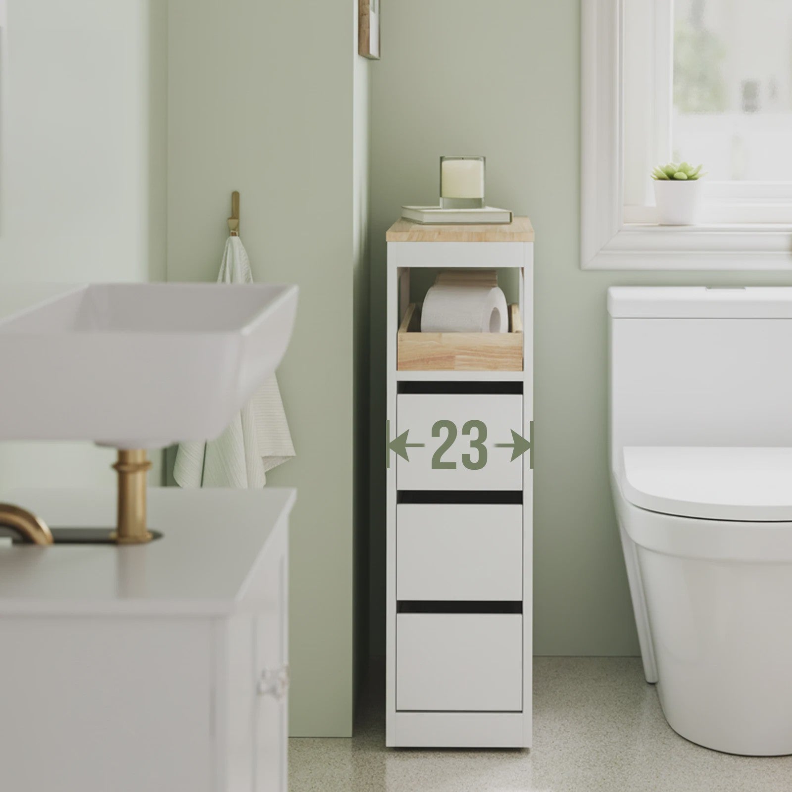 Smalle Badkamerkast met 3 Lades en Afneembare Tray - Houten Bovenblad