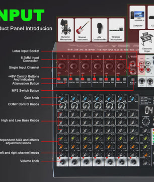 FULUODE X1-8C: Professionele 8-Kanaals Audio Mixer met 99 DSP Effecten, USB & Bluetooth
