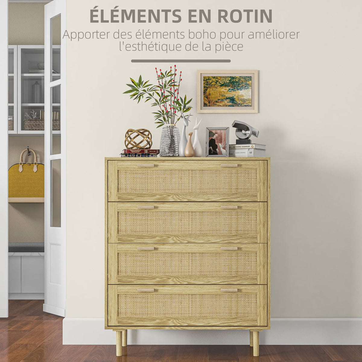 Bohemien Ladekast met 4 Lades en Gevlochten Hars Front - 90x45x108.5 cm