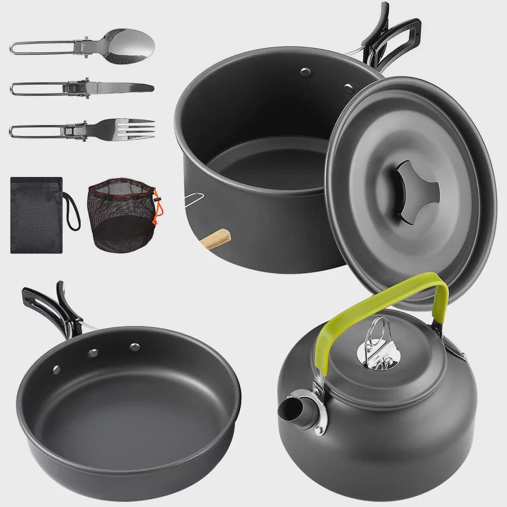 9-delige Camping Kookset: Draagbare Pan, Pot en Ketel voor Outdoor Avonturen