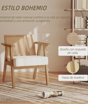 Stijlvolle Lounge Chair met Rotan Rugleuning en Houten Armleuningen - Beige