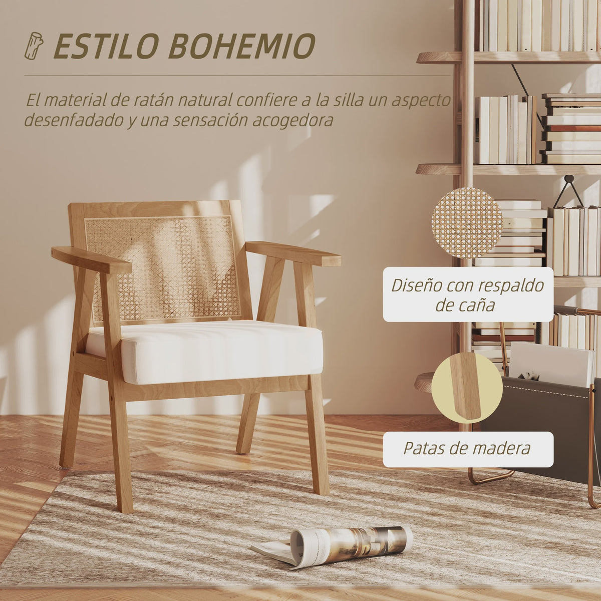 Stijlvolle Lounge Chair met Rotan Rugleuning en Houten Armleuningen - Beige