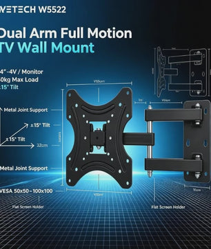 WETECH W5522 Universele Full Motion TV Muurbeugel met Dubbele Arm voor 14-42" Schermen, 50kg Draagvermogen, VESA 50-100mm