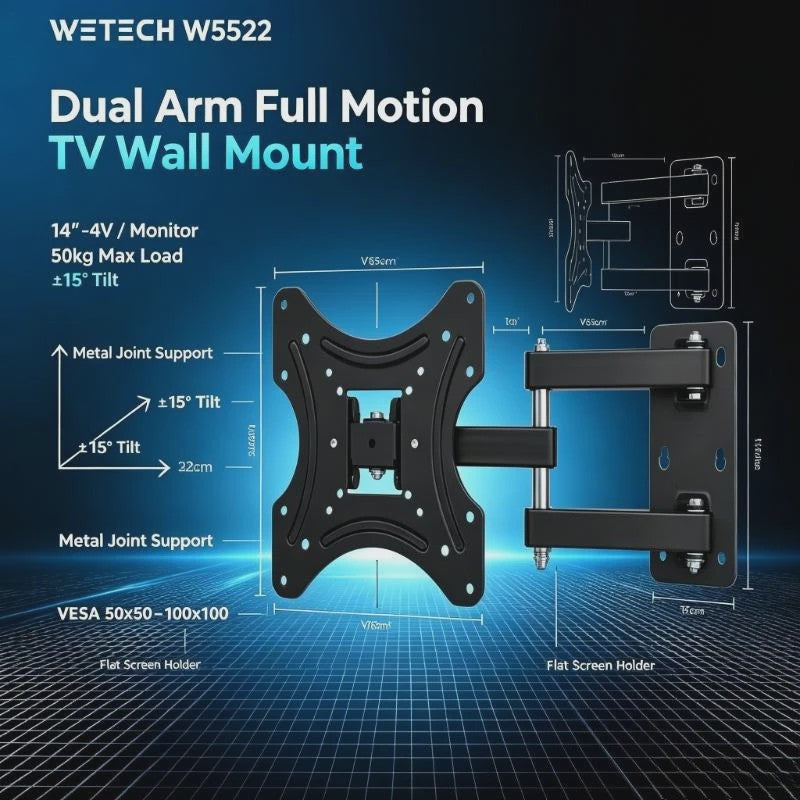 WETECH W5522 Universele Full Motion TV Muurbeugel met Dubbele Arm voor 14-42" Schermen, 50kg Draagvermogen, VESA 50-100mm