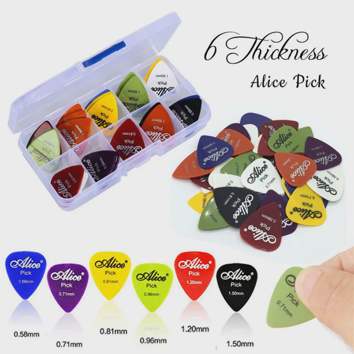 Alice Gitaar Plectrum Set - Diverse Diktes (0.58mm t/m 1.50mm) - 12/24/50/100 Stuks