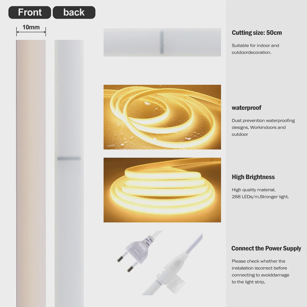 220V COB LED Neon Strip - Dimbaar, Waterdicht, Flexibel - Warm/Natuurlijk Wit