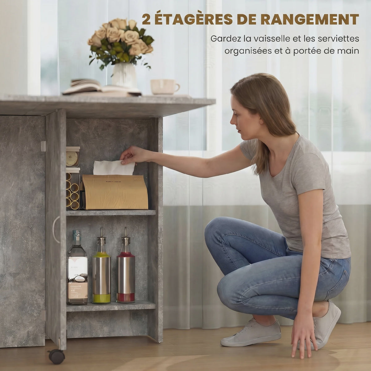 HOMCOM Multifunctionele Klaptafel - Eetkamertafel op Wielen met 2 Opbergvakken - 140x75x74 cm