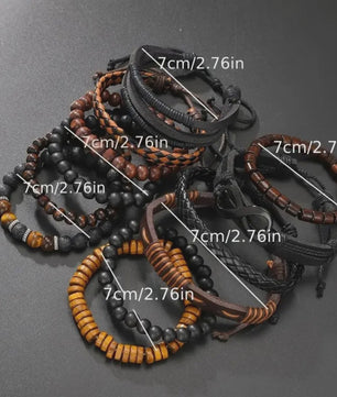 Set van 12 Vintage Armbanden: Gevlochten Kunstleer met Tijgeroog & Maansteen Kralen