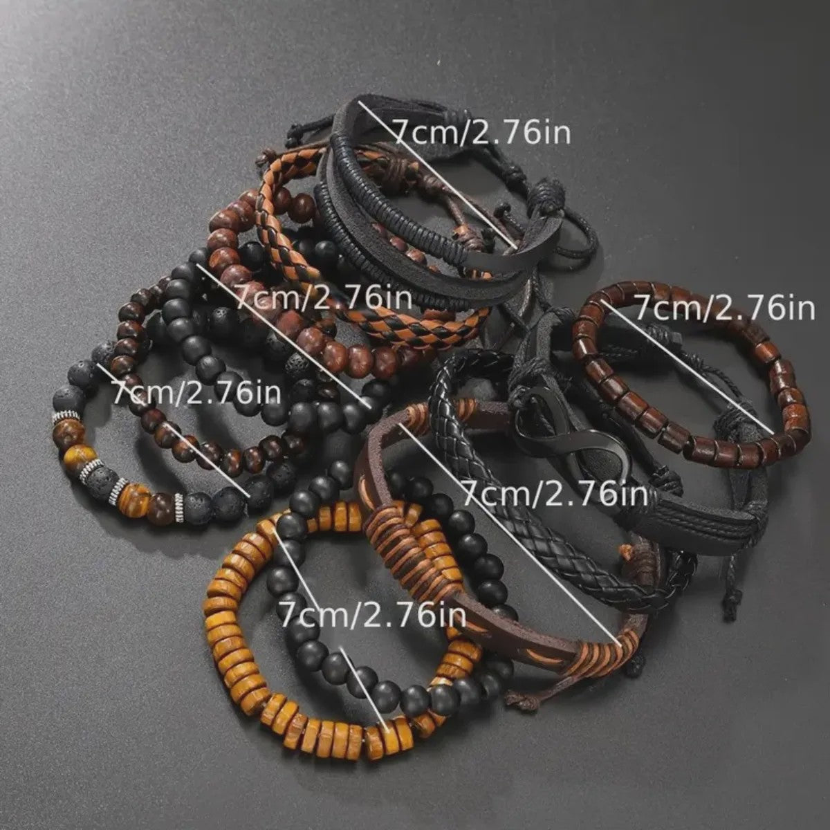 Set van 12 Vintage Armbanden: Gevlochten Kunstleer met Tijgeroog & Maansteen Kralen