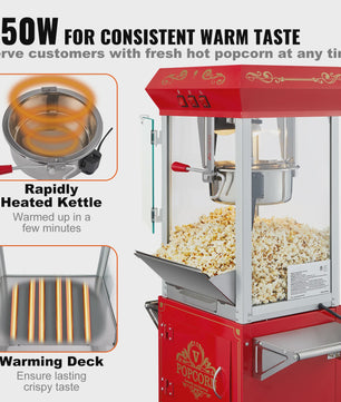 Professionele Popcorn Machine met Kar - 8oz Ketel, 48 Cups per Batch, Gehard Glas