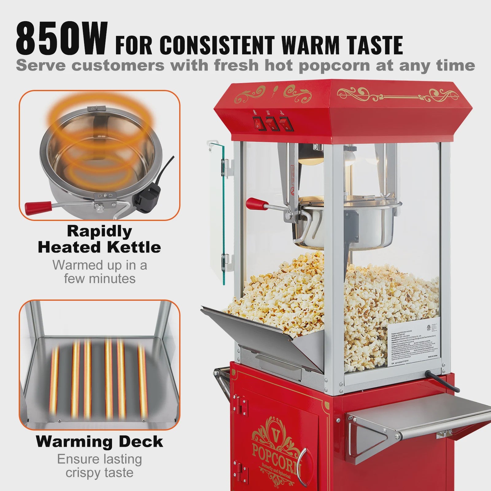 Professionele Popcorn Machine met Kar - 8oz Ketel, 48 Cups per Batch, Gehard Glas
