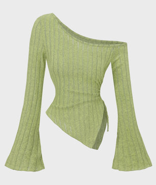 Dames Off-Shoulder T-shirt met Trompetmouwen en Asymmetrische Pasvorm