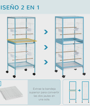 Ruime Tweelaagse Vogelkooi met Wielen en Uitneembare Trays - Blauw