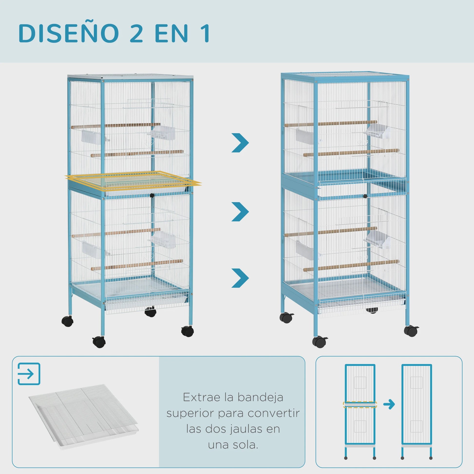 Ruime Tweelaagse Vogelkooi met Wielen en Uitneembare Trays - Blauw