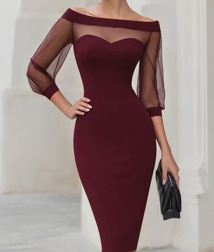 Off Shoulder Bodycon Midi Jurk met Transparante Mesh Mouwen
