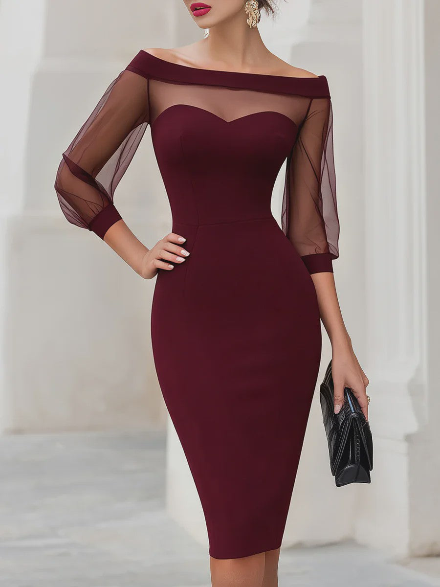 Off Shoulder Bodycon Midi Jurk met Transparante Mesh Mouwen