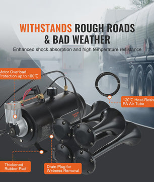 Krachtige 4-Trompet Lucht Hoorn Kit 150dB met 12V Compressor voor Vrachtwagens en Treinen