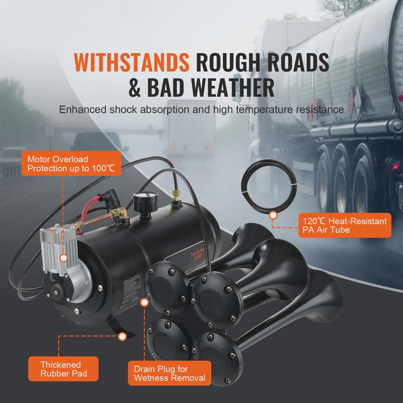 Krachtige 4-Trompet Lucht Hoorn Kit 150dB met 12V Compressor voor Vrachtwagens en Treinen