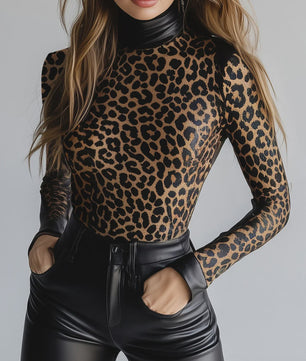 Dames PU Leather Blouse met Luipaardprint, Hoge Hals en Lange Mouwen - Slim Fit Streetwear