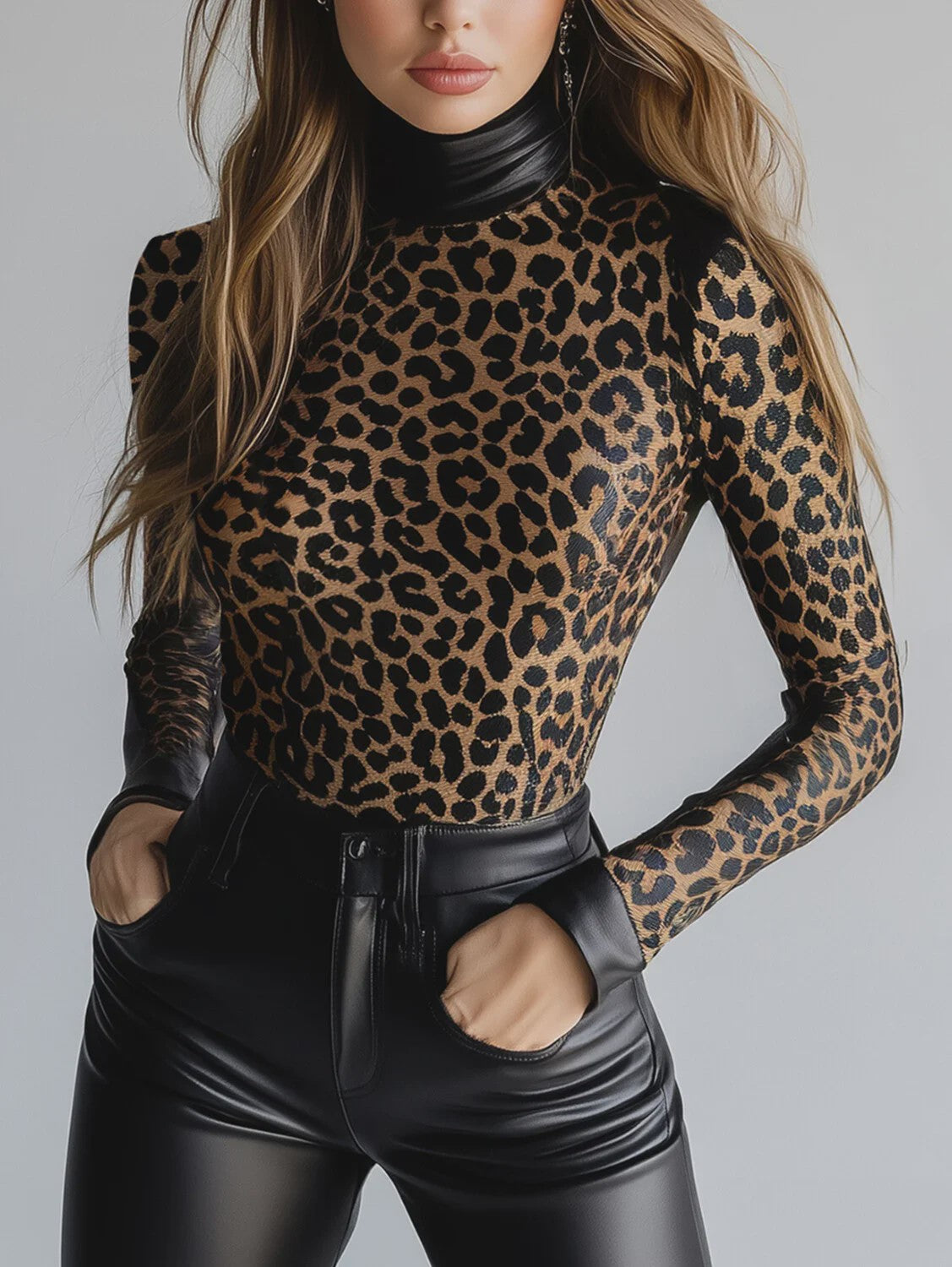Dames PU Leather Blouse met Luipaardprint, Hoge Hals en Lange Mouwen - Slim Fit Streetwear