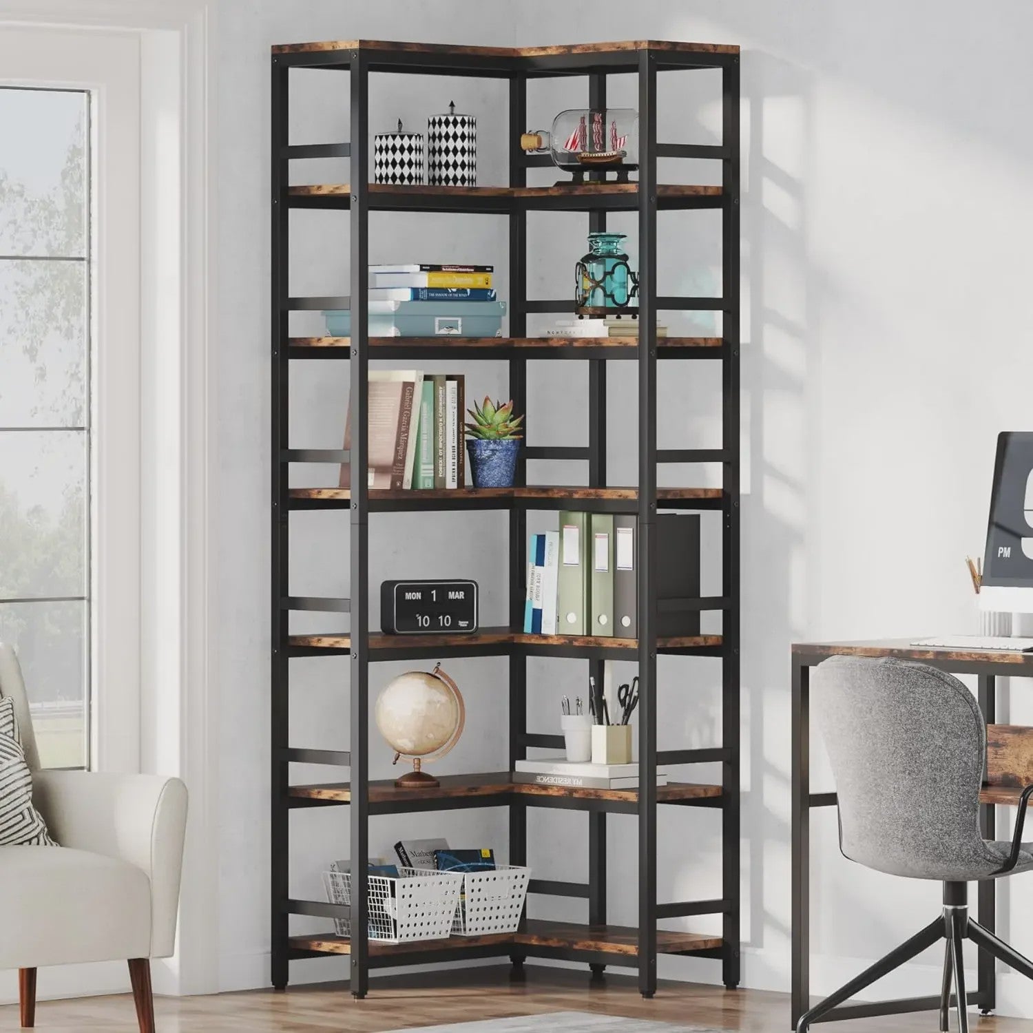 Industriële Hoek Boekenkast 7 Lagen - 200cm Hoog - Stijlvol en Ruim