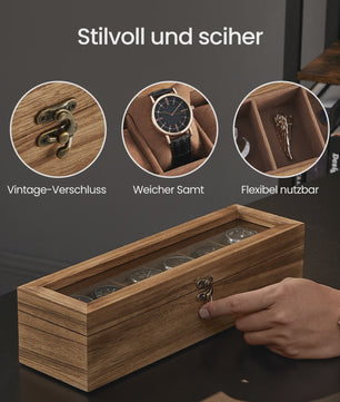 Luxe Houten Horlogedoos met 6 Vakken en Glazen Deksel - Stijlvolle Opberger