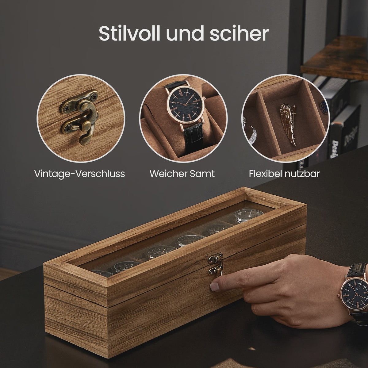 Luxe Houten Horlogedoos met 6 Vakken en Glazen Deksel - Stijlvolle Opberger