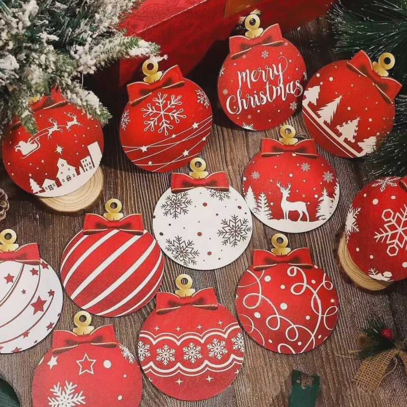 12x Houten Kerstballen Ornamenten Rood Wit - Feestelijke Winter Decoratie